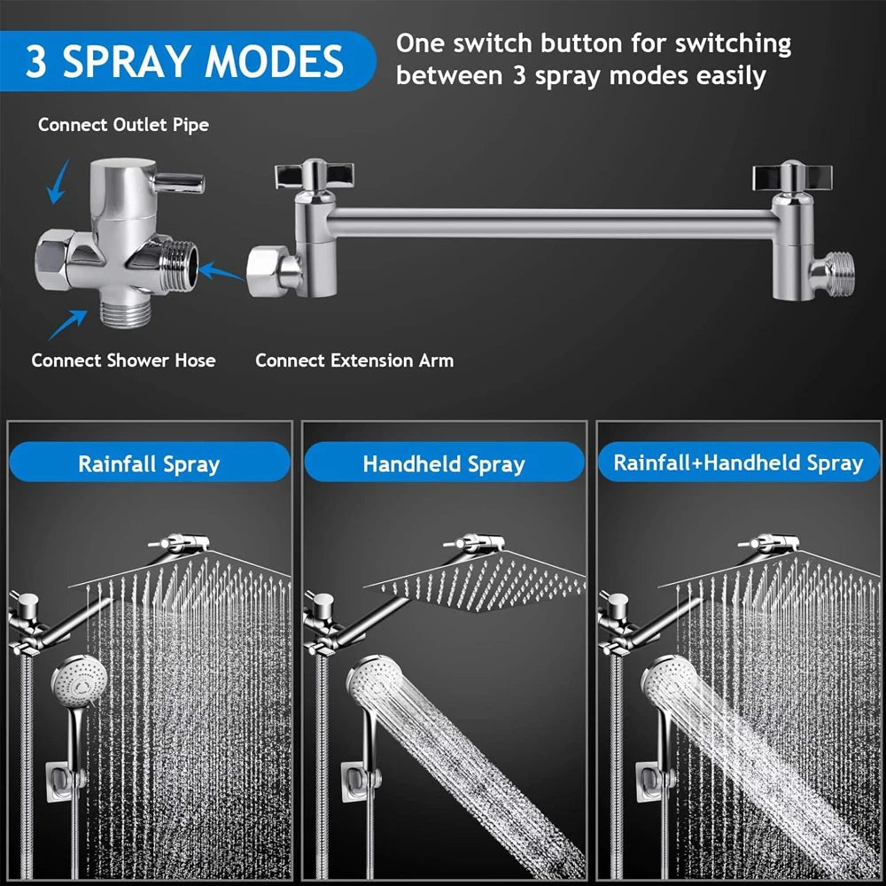 Rain Shower Head Combo 8–12 Inch with Adjustable Extension Arm and 3-Way Handheld Spray