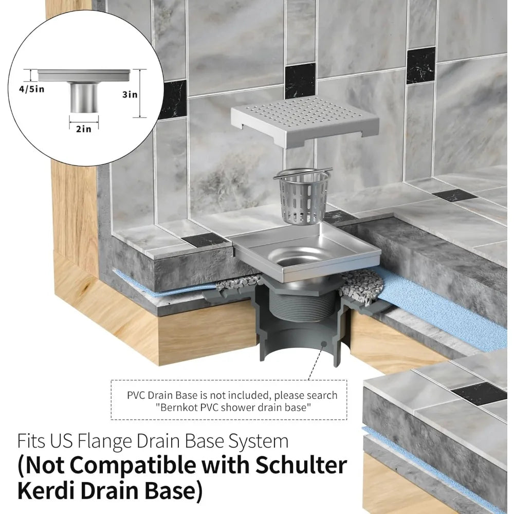 6 Inch Square Shower Drain, Matte Black with Grid Cover and Hair Strainer, cUPC Certified