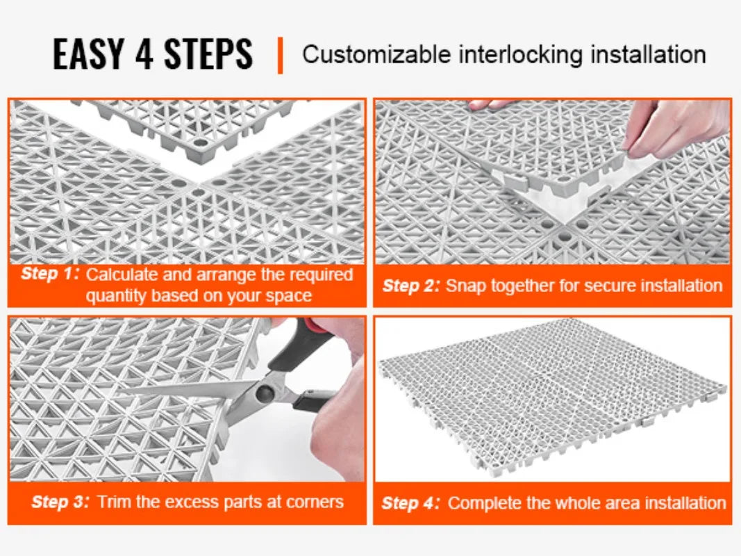 Interlocking Drainage Floor Tiles 12x12 Inch, Soft PVC Non-Slip Gray, 50-Piece Set