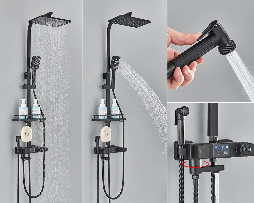 4-Way Thermostatic Shower Faucet with Digital Display and Shelf