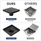 6 Inch Square Shower Drain, Matte Black with Grid Cover and Hair Strainer, cUPC Certified