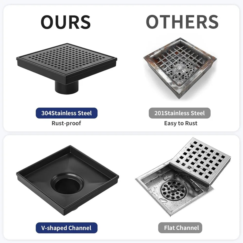 6 Inch Square Shower Drain, Matte Black with Grid Cover and Hair Strainer, cUPC Certified