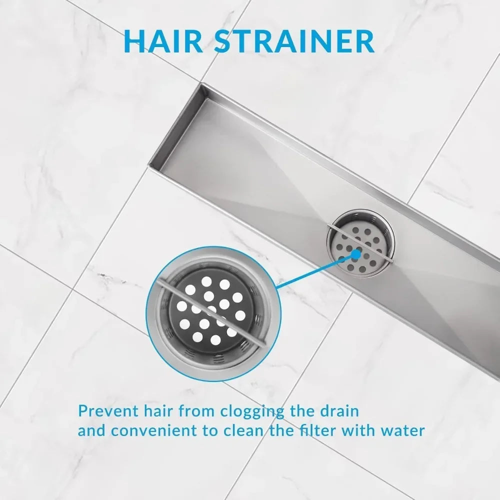 Linear Shower Drain with Removable Cover, Hair Strainer and Adjustable Leveling Feet
