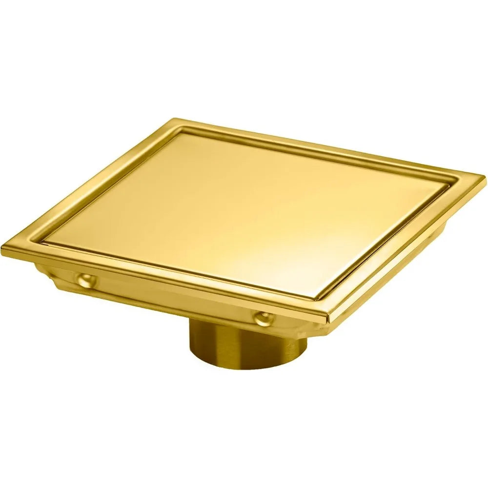 6 Inch Square Shower Drain, Brushed Gold 304 Stainless Steel with Flange