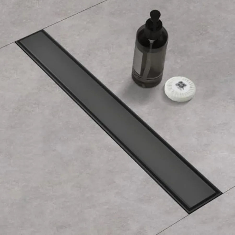12 Inch Linear Shower Drain, Matte Black with Tile Insert Panels and Hair Strainer
