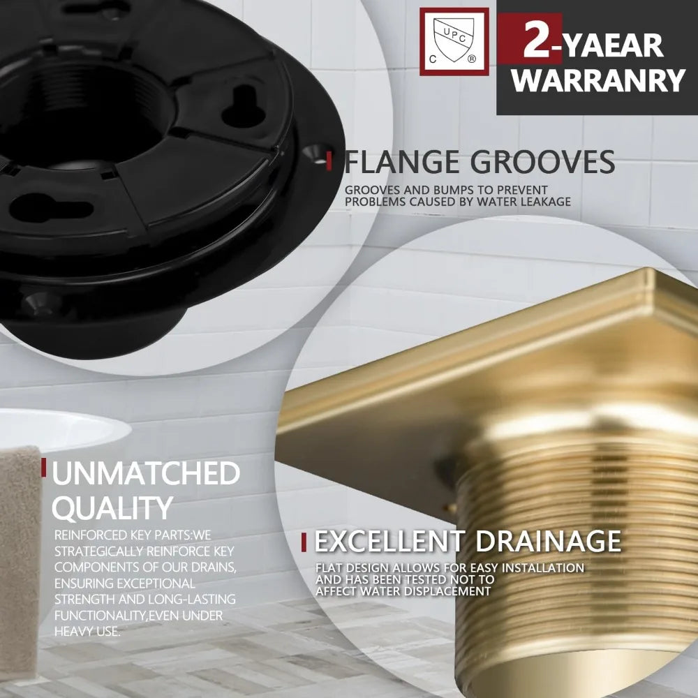 Square Gold Low-Profile Shower Drain Kit, 304 Stainless Steel with Hair Catcher for 2 or 3 Inch Pipe