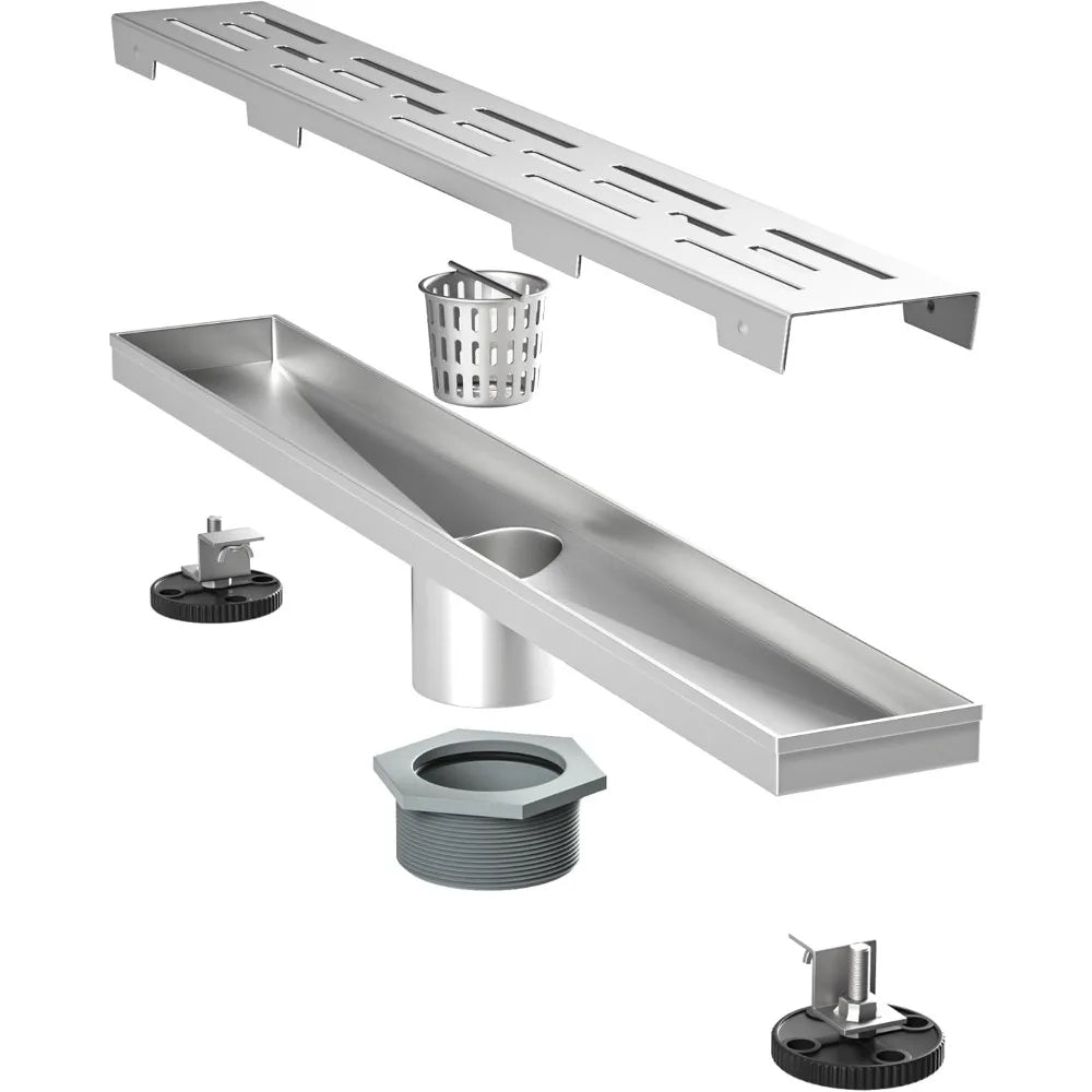 28 Inch Linear Shower Drain, Brushed Stainless Steel with Fast Drainage and Hair Strainer