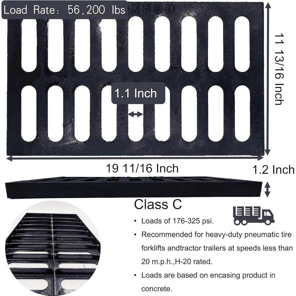 Cast Iron Trench Drain Grate 20x12 Inch, C-Class Heavy Duty Black Rectangular Sewer Cover