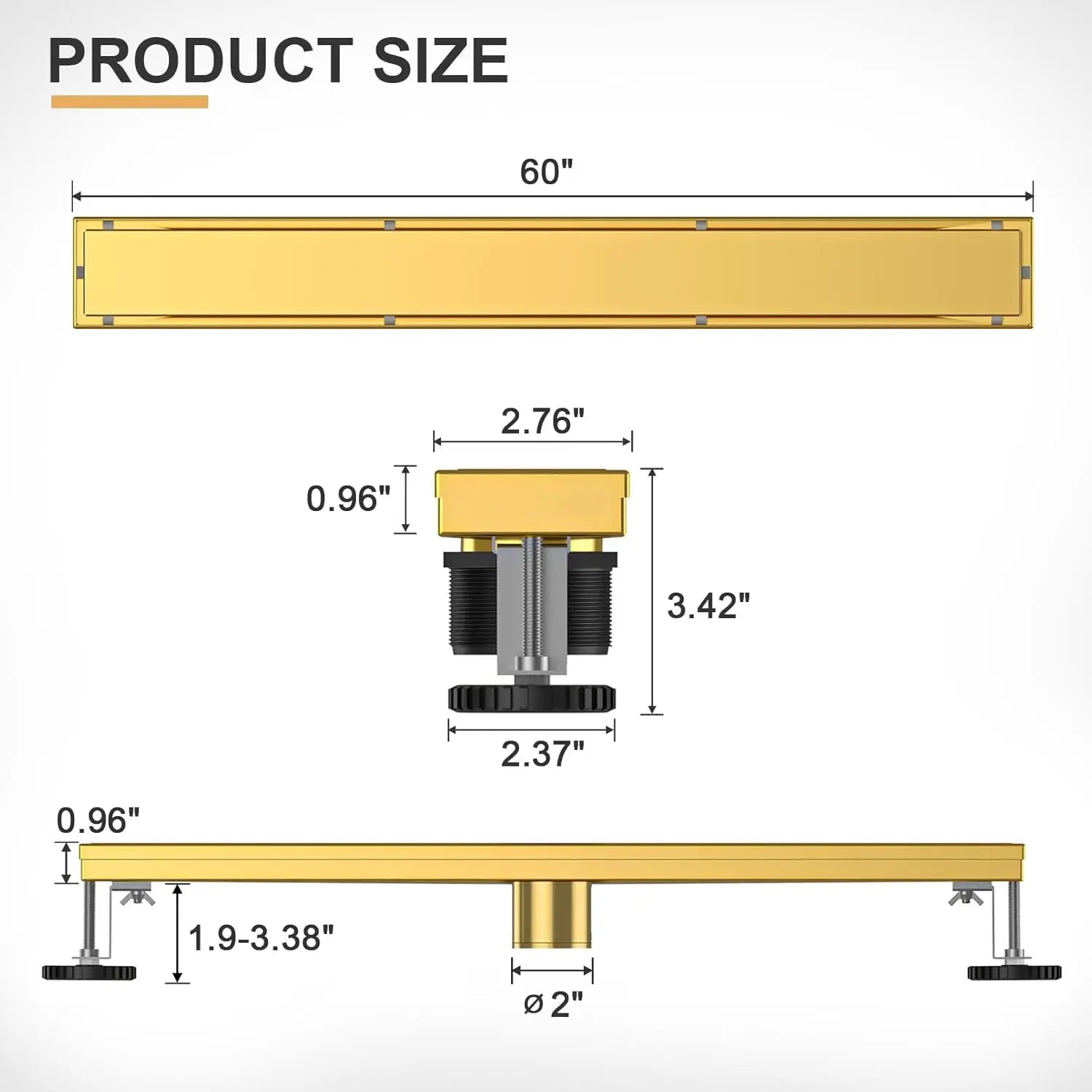 60 Inch Linear Shower Drain with Adjustable Feet, Hair Catcher and Tile Insert Panels