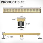 32 Inch Linear Shower Drain, Brushed Gold 304 Stainless Steel with Adjustable Feet and Hair Strainer