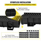 HDPE Trench Drain System 6x39 Inch with 6 End Caps, Black for Driveway and Garden