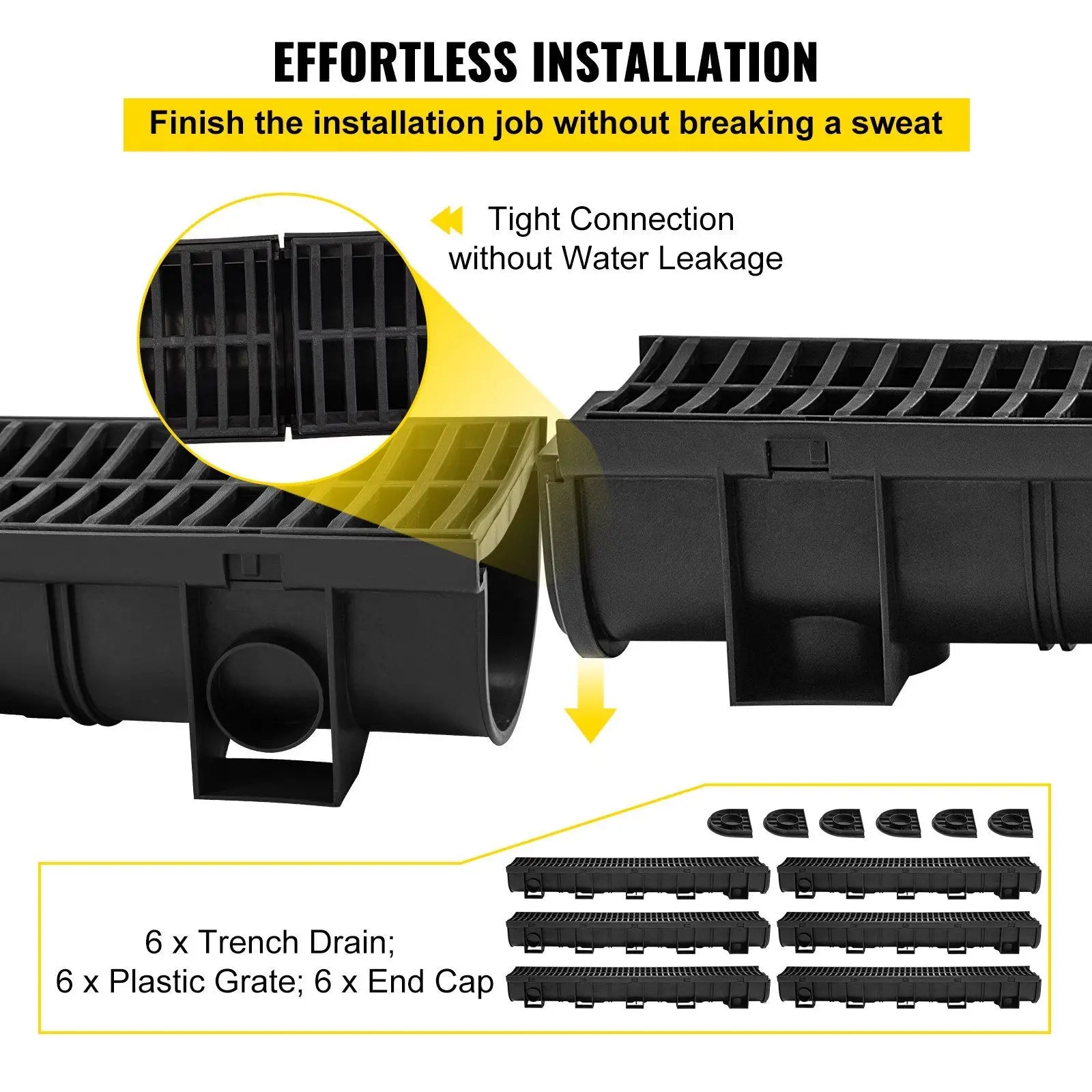 HDPE Trench Drain System 6x39 Inch with 6 End Caps, Black for Driveway and Garden