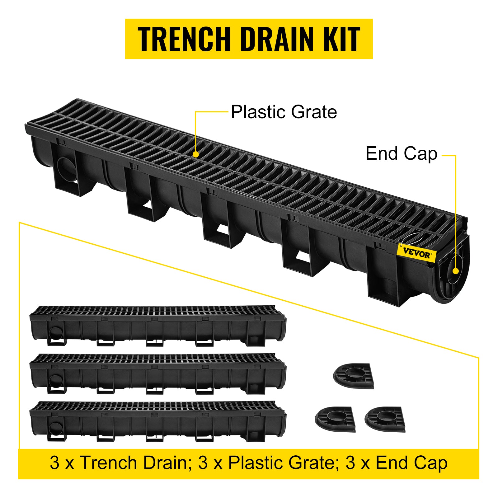 HDPE Trench Drain with Plastic Grate, Class B, 3 or 5 Pack